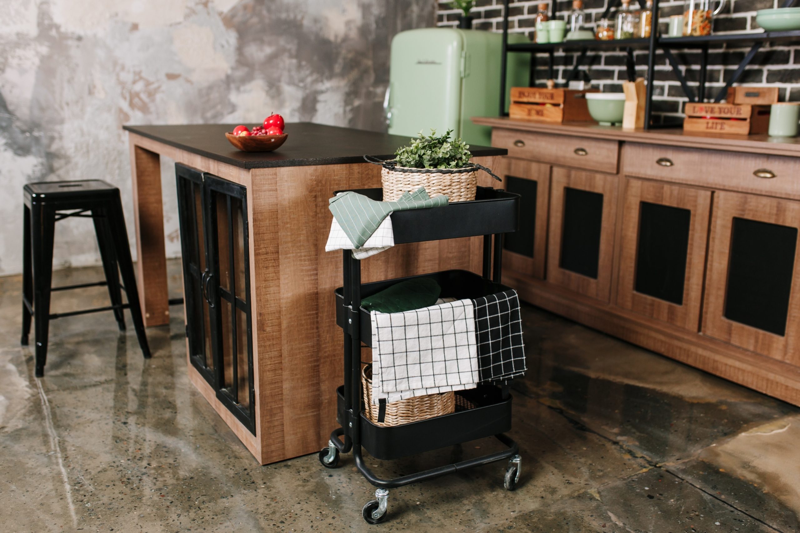 kitchen bar cart next to kitchen island