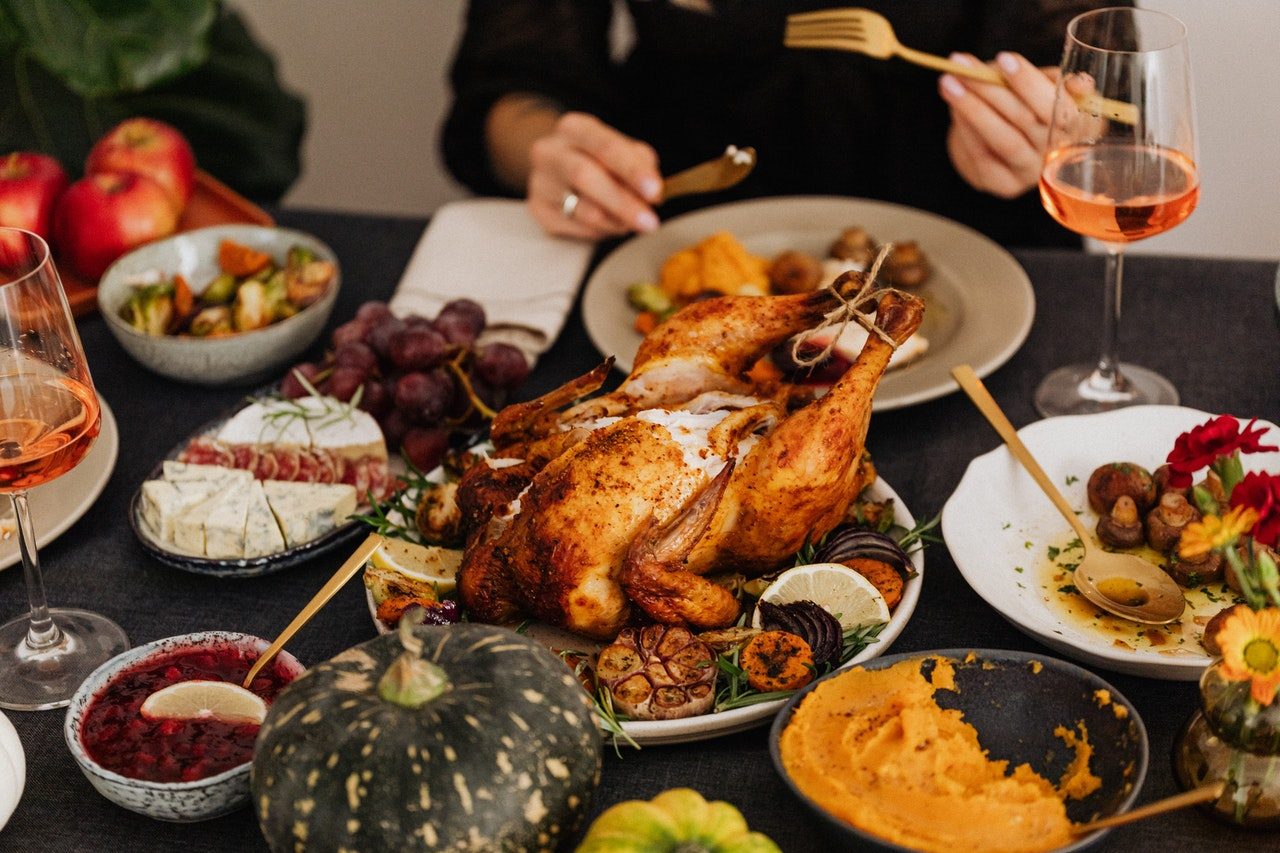 Roasted turkey and side dishes on a table