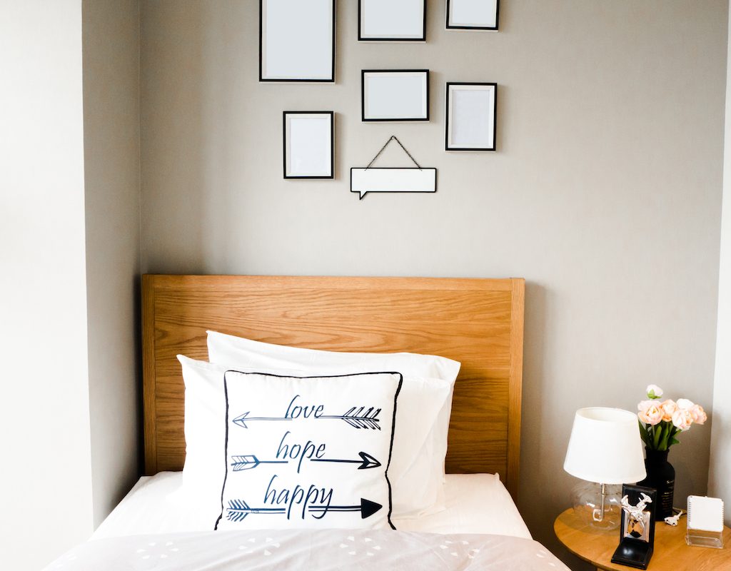 Bedroom wall with mirrors.