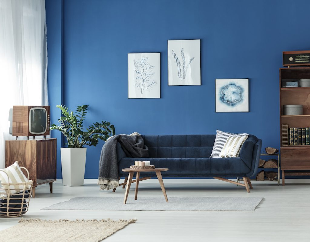 Blue wall paint with blue couch in modern traditional room