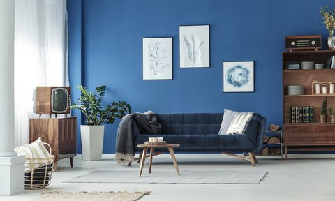 Blue wall paint with blue couch in modern traditional room