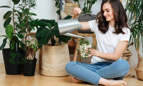 woman sitting watering indoor plants