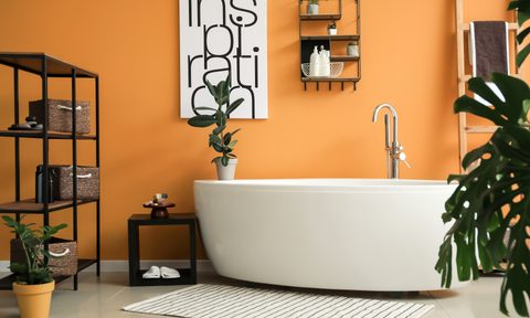 Bathroom with orange walls and a plant