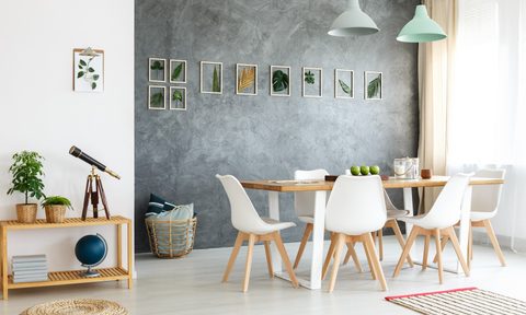 dining room with narrow table