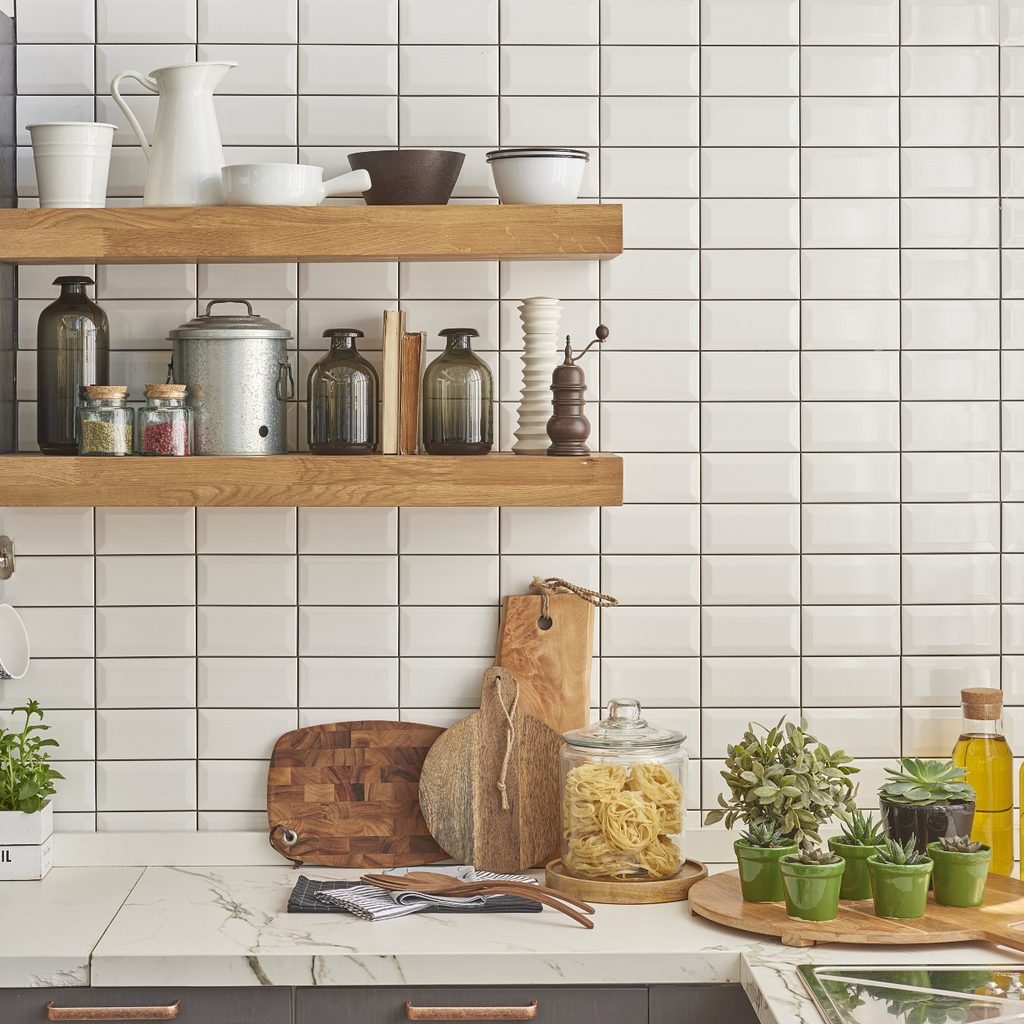 kitchen with subway tiles and dark grout