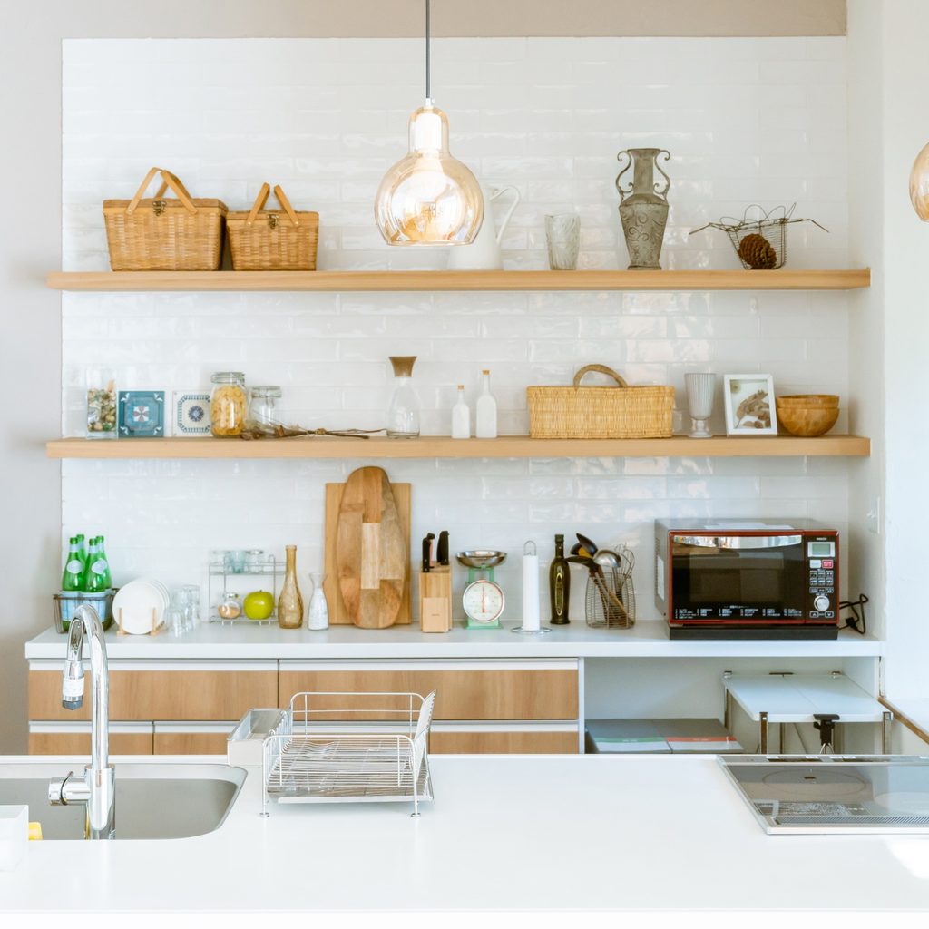 open shelving in kitchen for organization