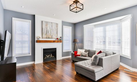 Living room with gray walls and couch