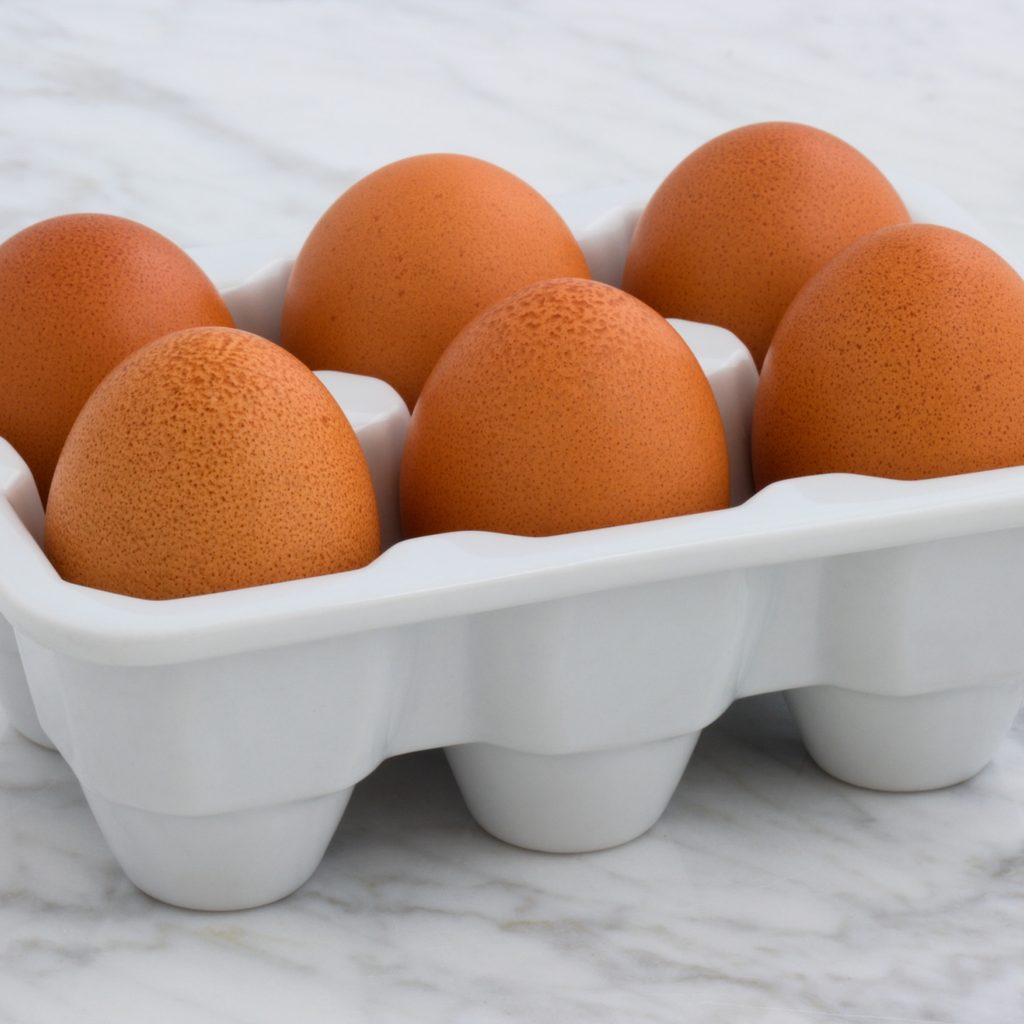 Hard-boiled eggs in a carton atop a marble counter