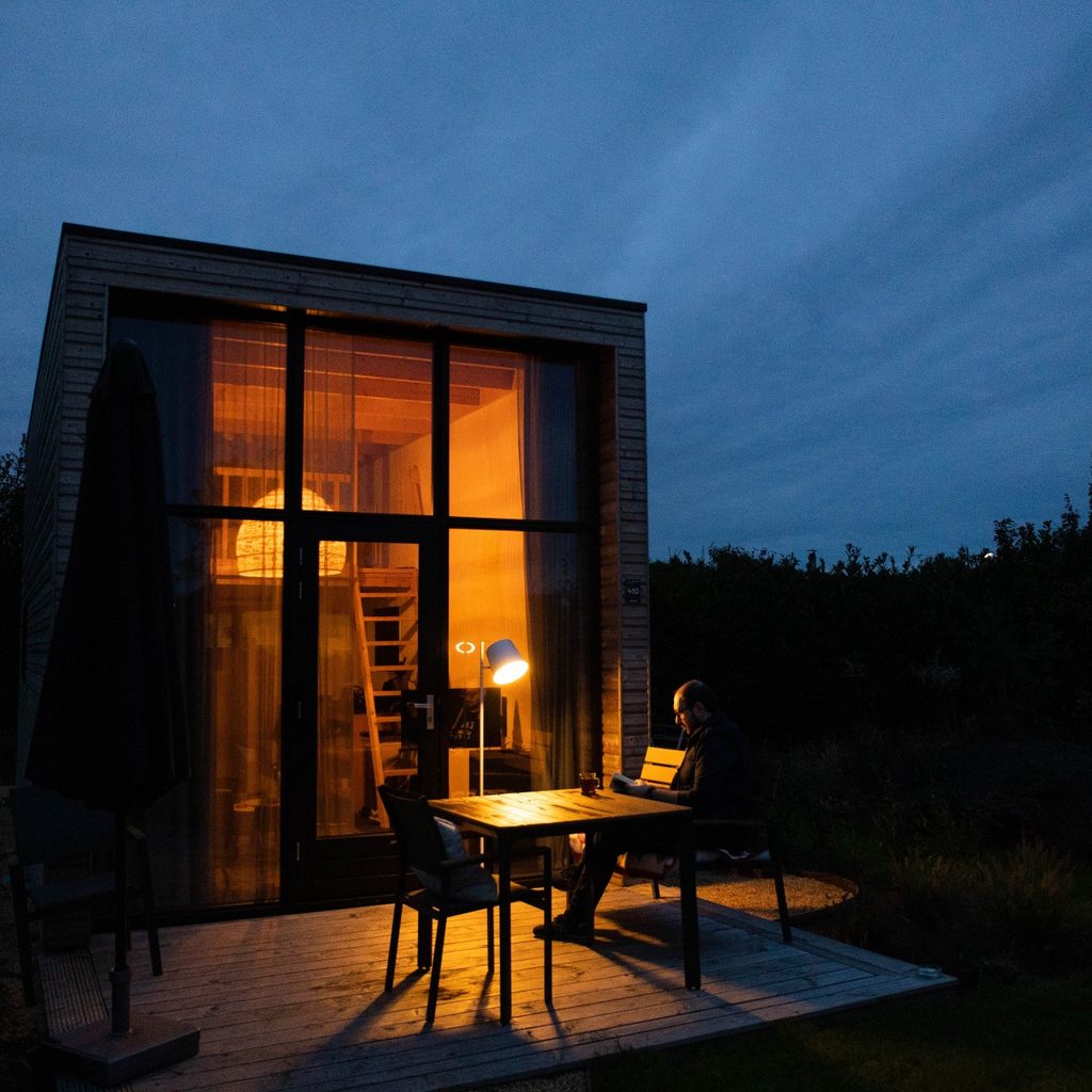 Tiny house at night