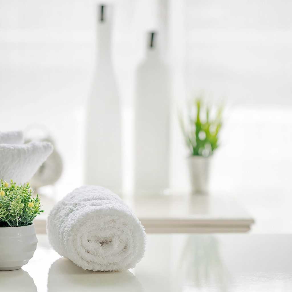 Rolled towels and plant in bathroom