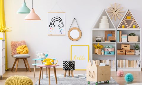 pastel playroom with cubby organization
