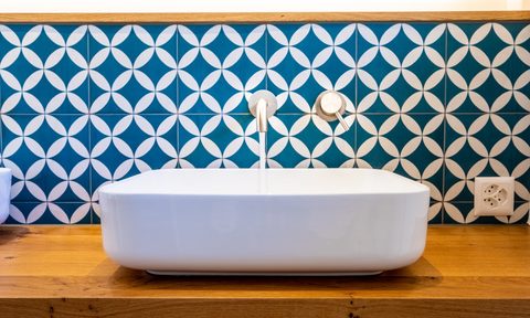 Blue and white tile behind the bathroom sink