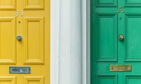 green and yellow exterior door types next to each other