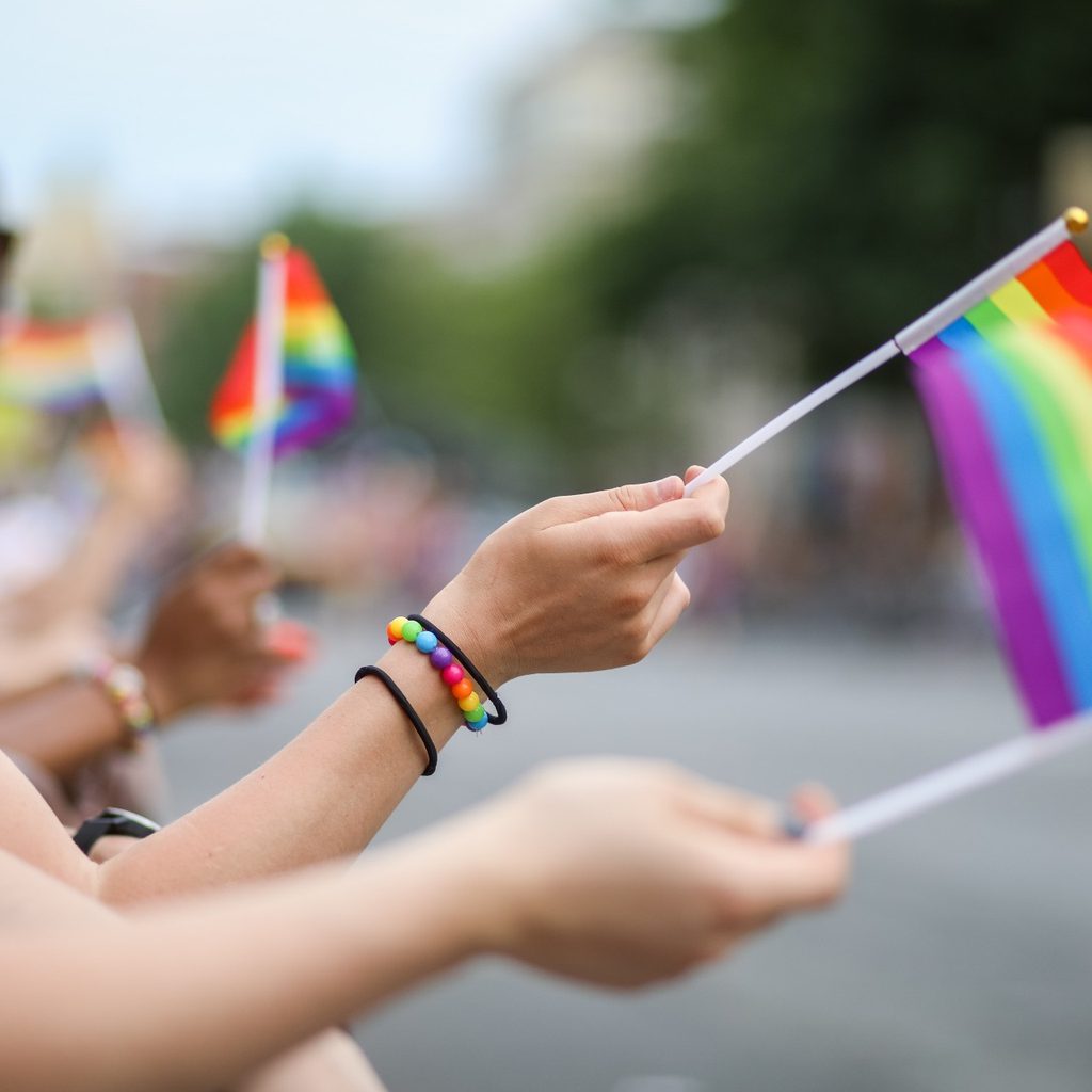 Crowd waving Pride flags