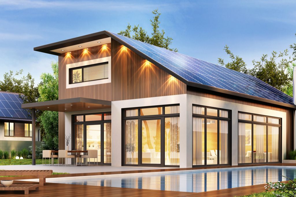 pool house with solar panels on the roof