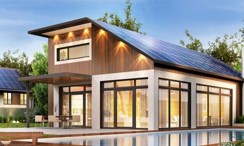 pool house with solar panels on the roof