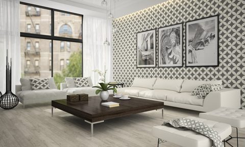 Living room with midcentury modern wallpaper