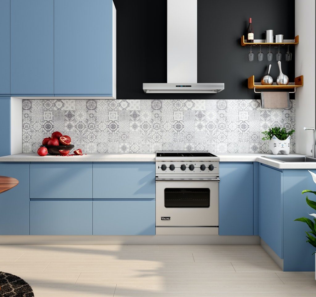 open kitchen with sky blue cabinets