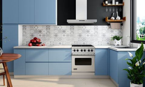 open kitchen with sky blue cabinets