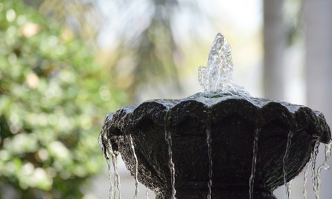 Bowl-shaped water feature fountain in backyard