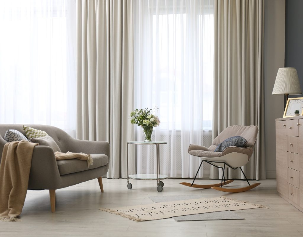 large living room with tall curtains