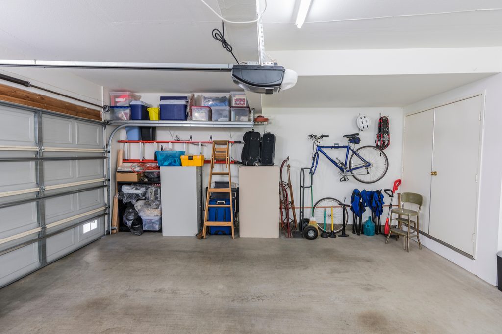 organized garage with racks and shelving