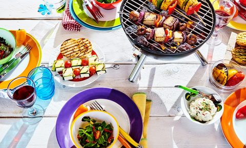 bright and colorful summer food table setup