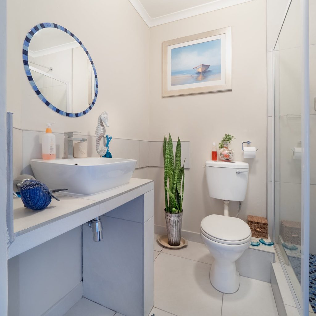 white and blue bathroom