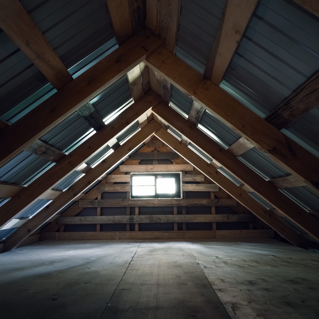 Empty attic with wood floor and small window