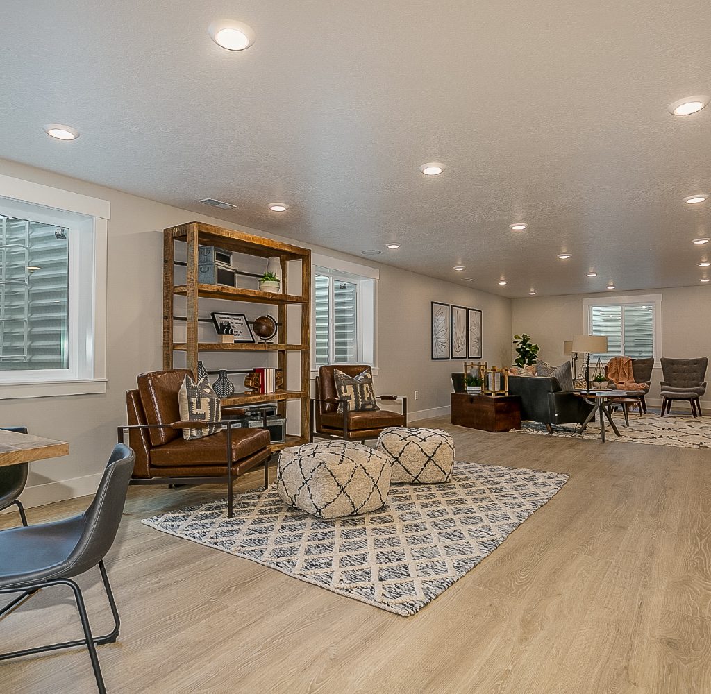 Bright basement space with gray walls