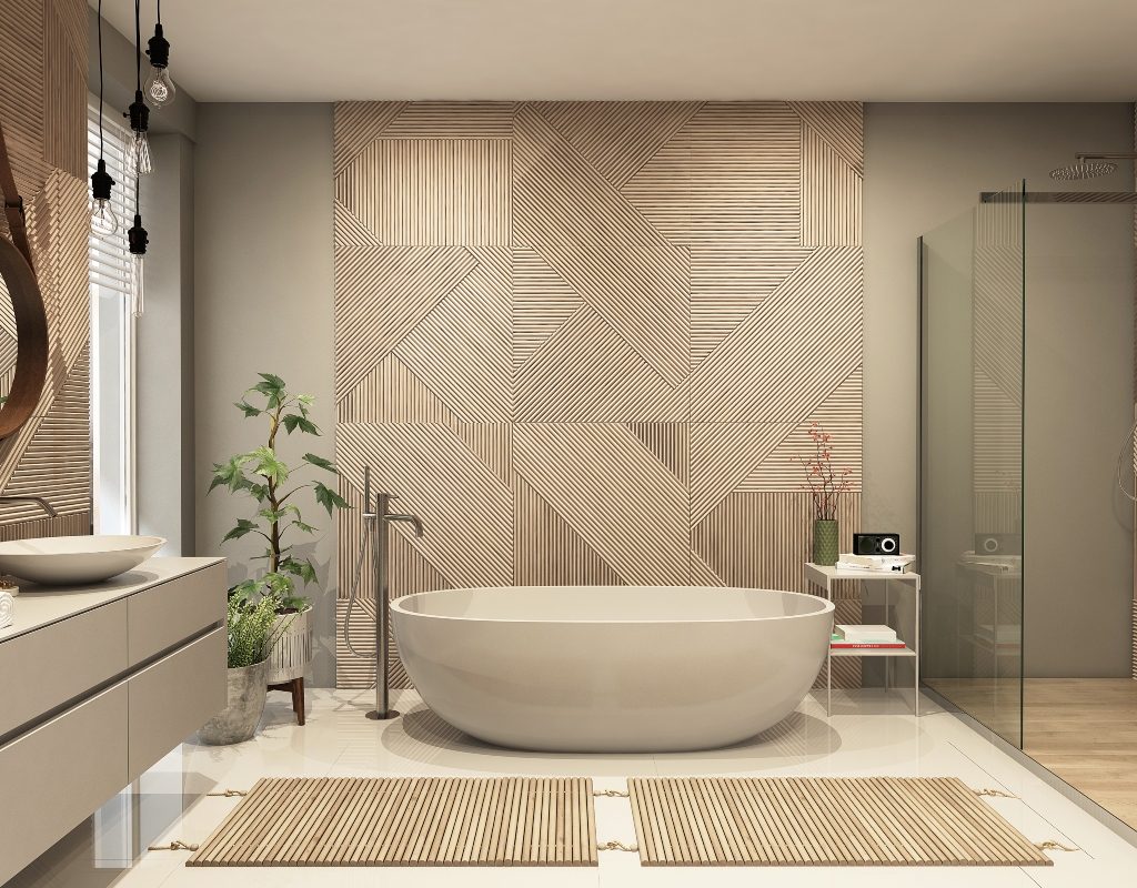 a clean modern bathroom with tan walls
