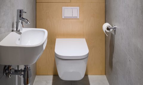 simple small modern bathroom wood and grey resized