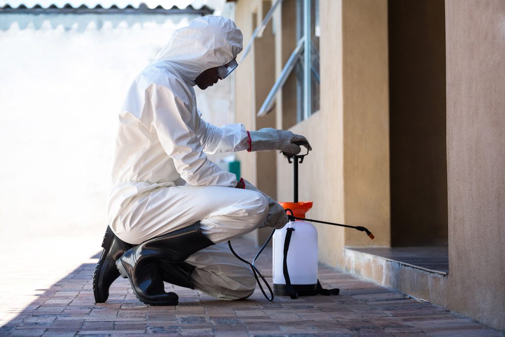 Pest control professional spraying outside house