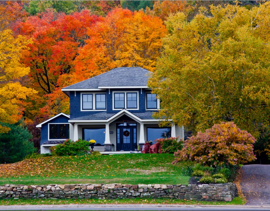 Blue house in autumn