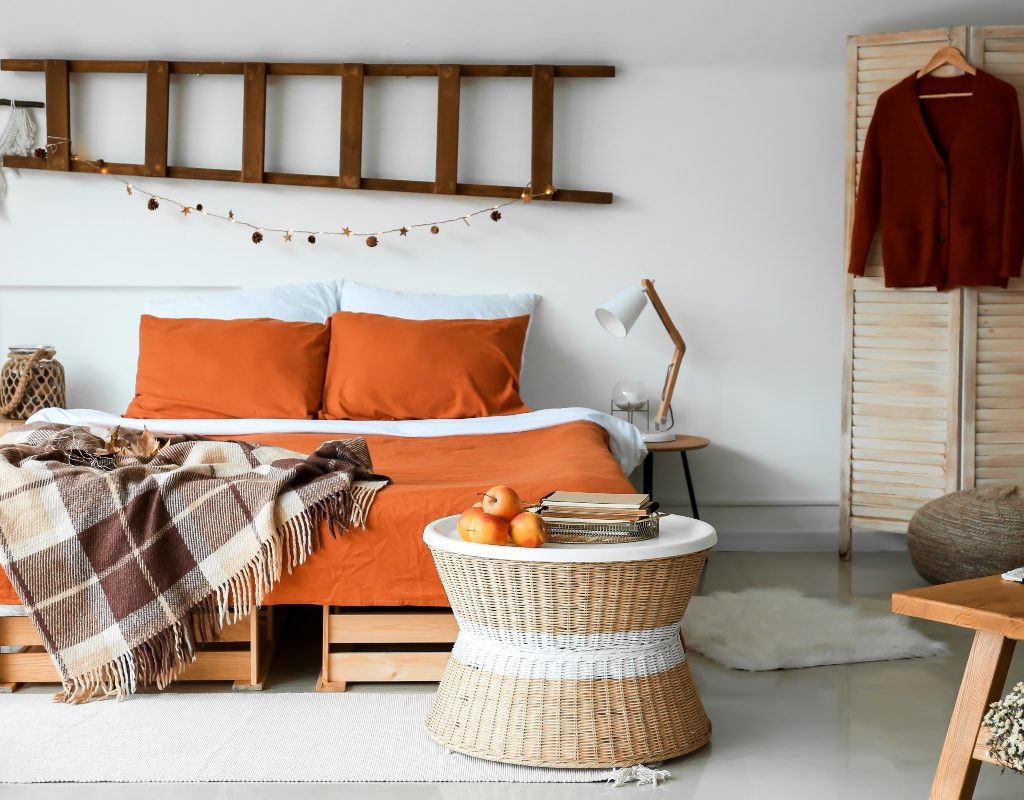 bedroom with a fall color pallet