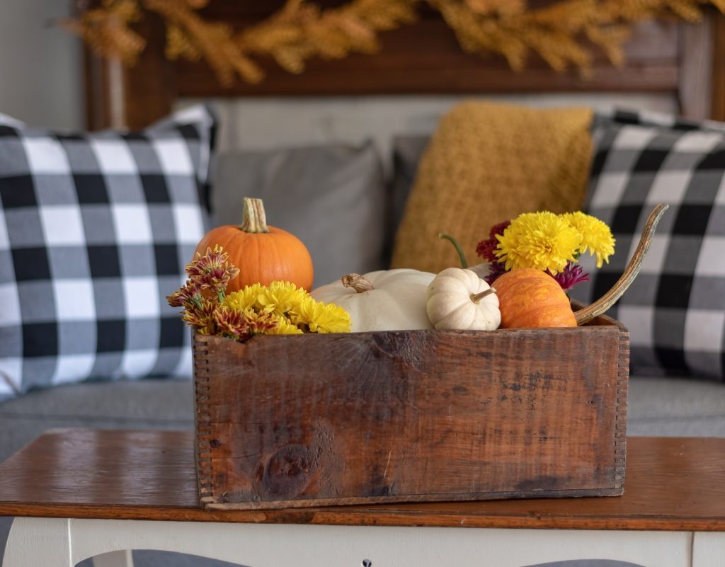 Plaid fall decor in living room