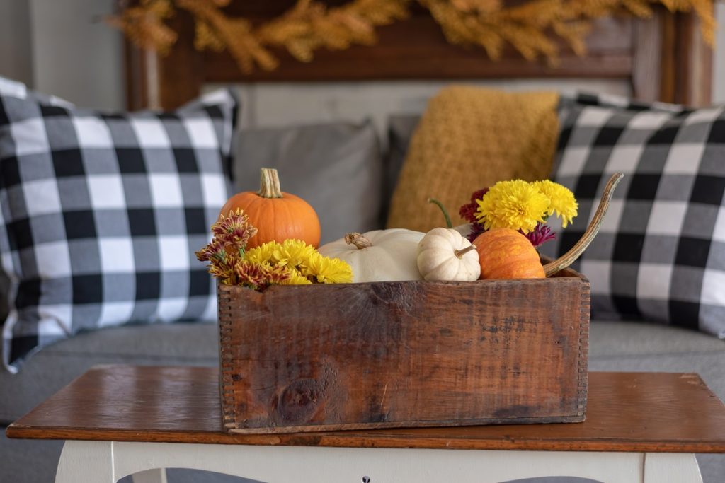 Plaid fall decor in living room
