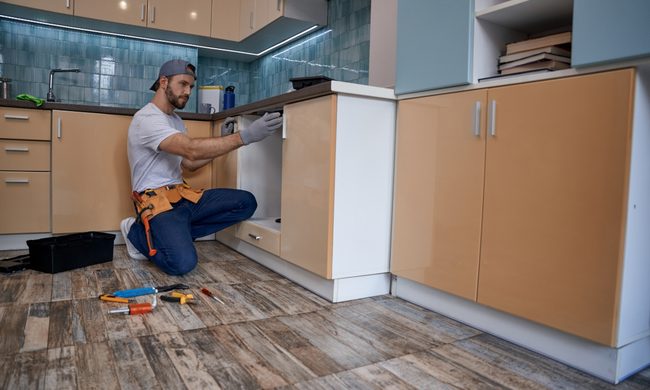 man remodeling kitchen cabinets
