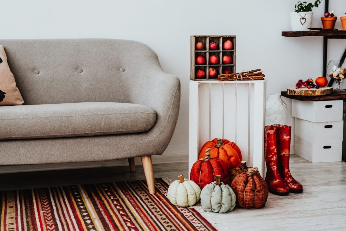 grey modern sofa with fall decorations