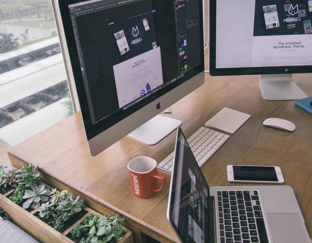 plants on desk with laptop and computer