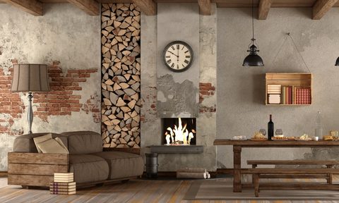rustic living room setting with raw wood and stone