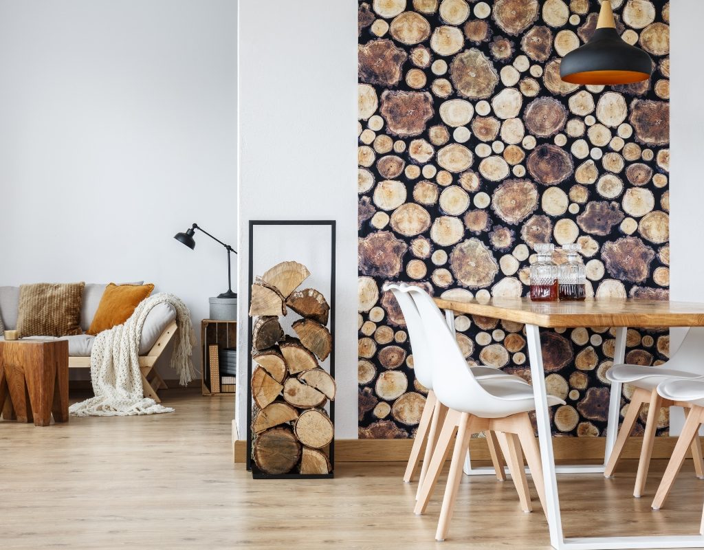 rustic wood with modern table in living room design