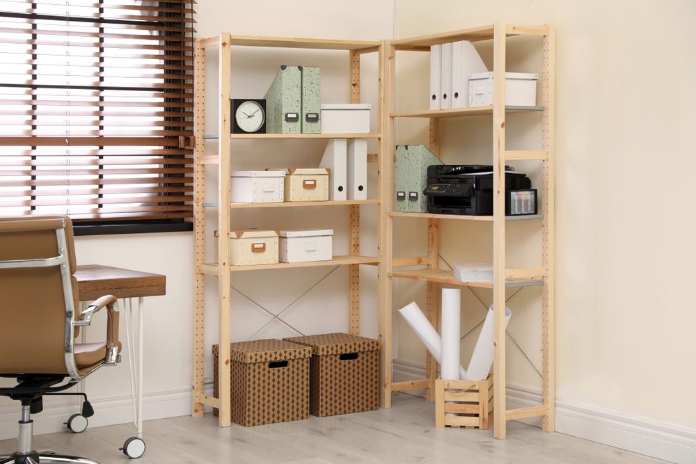 Modern home storage shelves with boxes