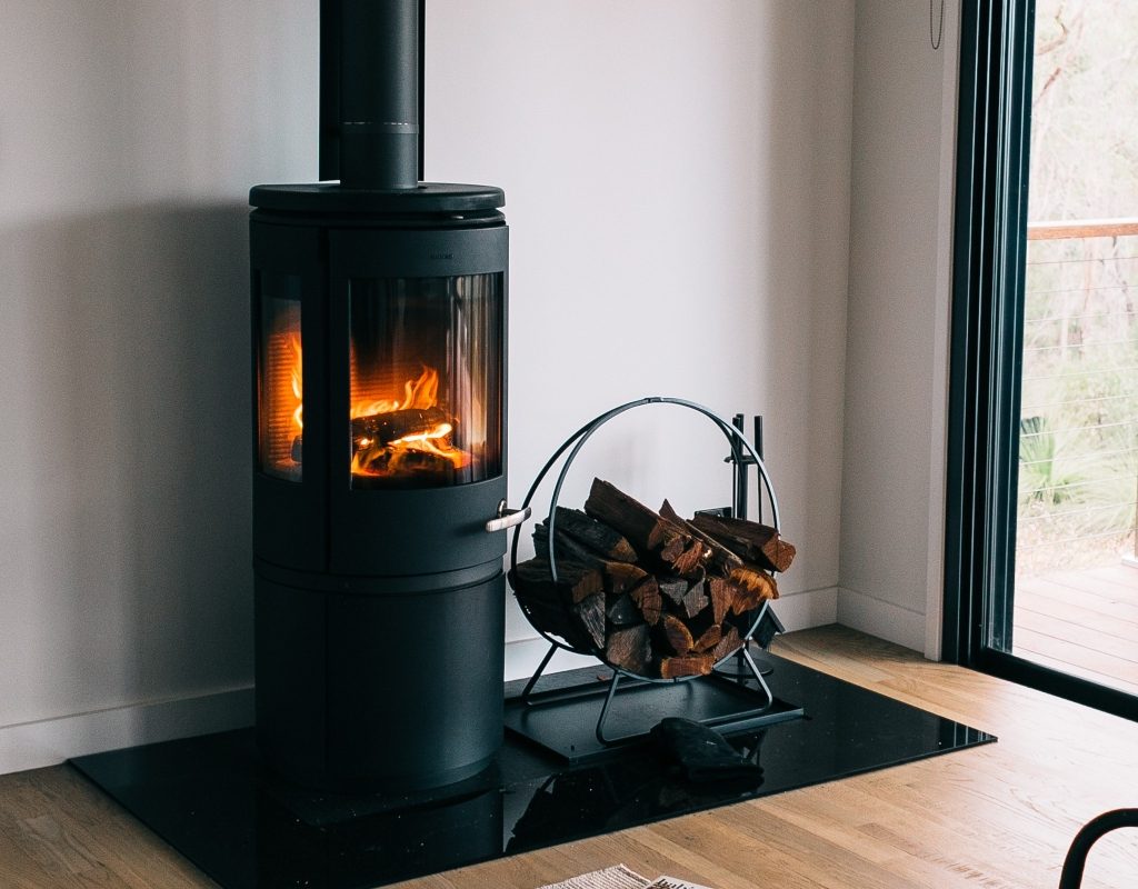 industrial wood burning stove in living room