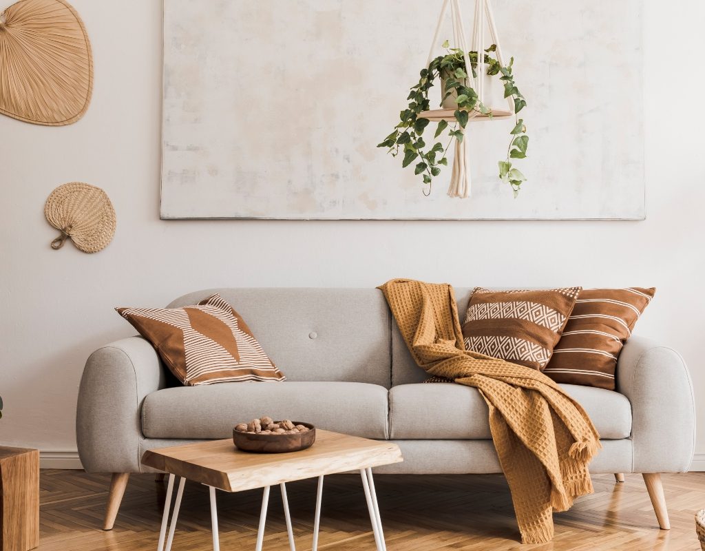 bohemian living room with neutral colored decor