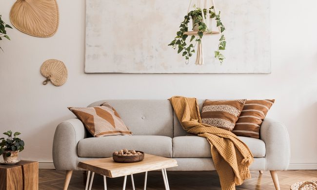 Bohemian living room with neutral-colored decor