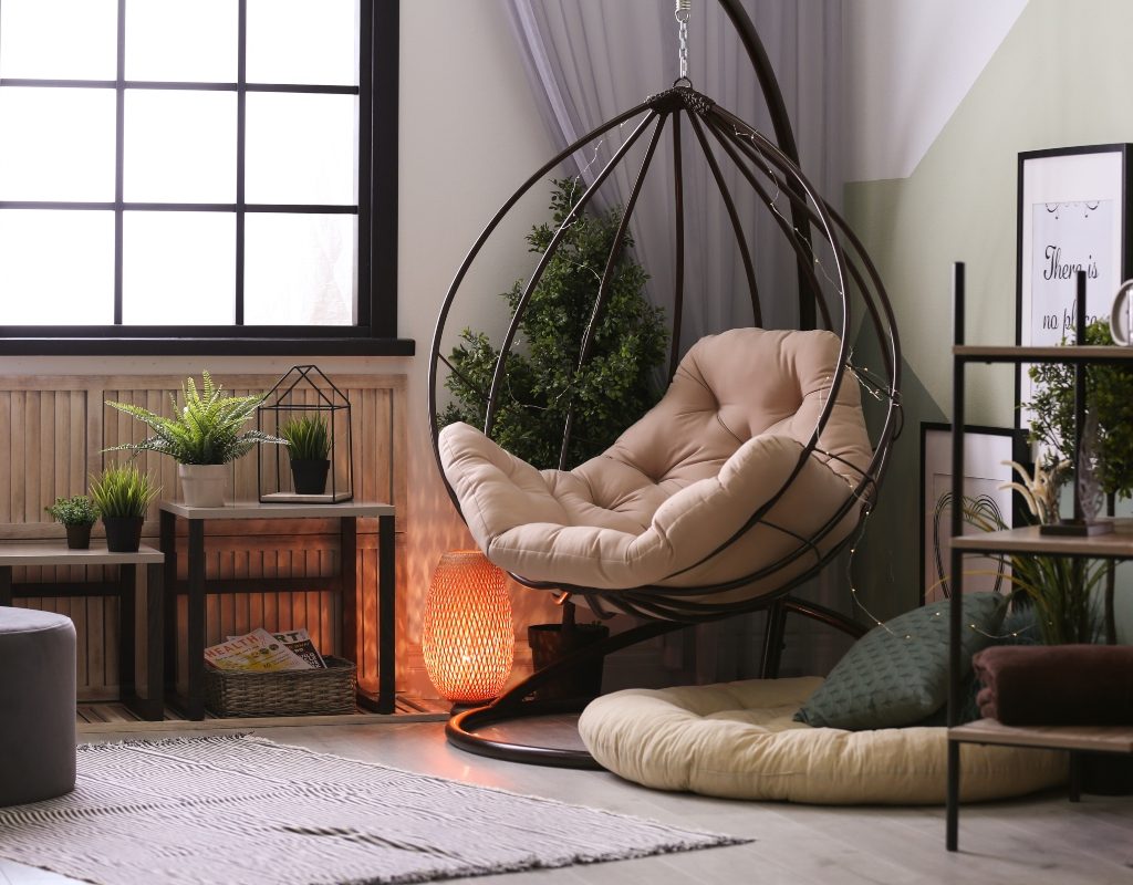cozy home design with plants and swing chair