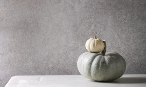 Two simple fall decor pumpkins in white and gray