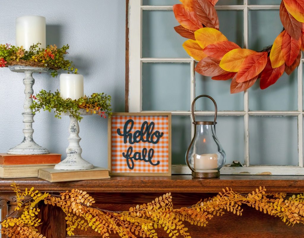 fall mantel decor with sign and candles