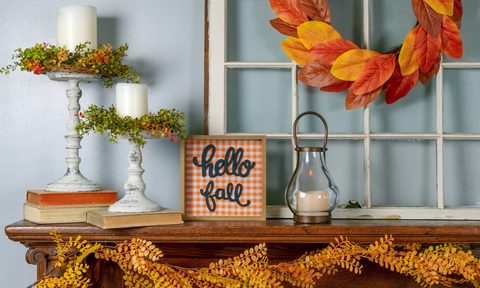 fall mantel decor with sign and candles